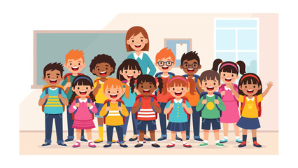 Young minds ready for new horizons: An inspiring classroom scene depicts a group of cheerful students alongside their teacher, ready to embark on another exciting day of learning.