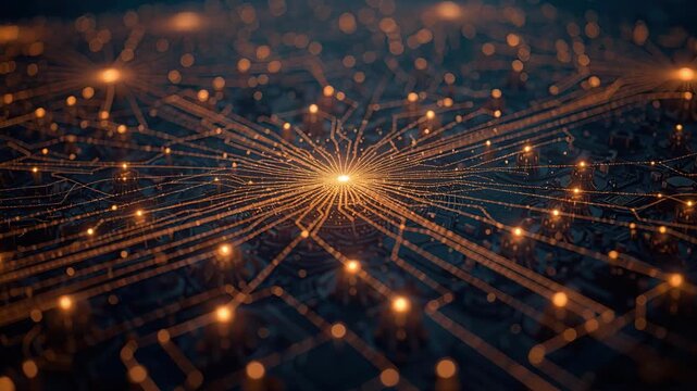 Glowing circuit hub with radiating golden trace light bokeh evoking connectivity hubs
