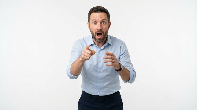 A surprised man pointing at the camera with a shocked expression on his face