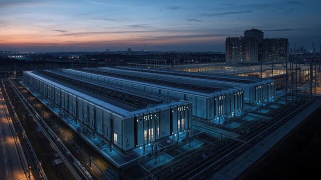 Sunset illuminated data center exterior with blue LED lighting, train tracks and urban skyline dusk