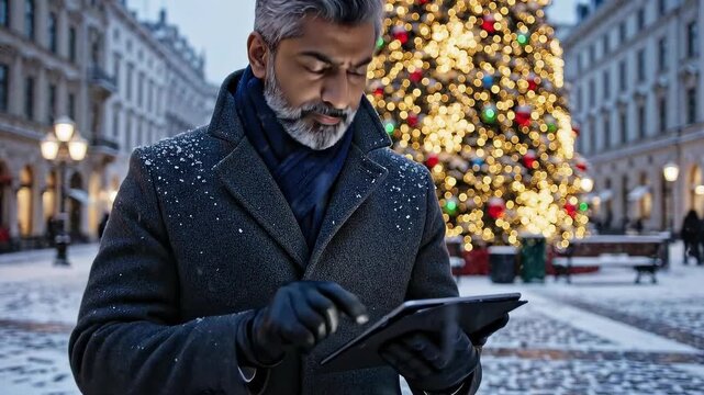 Businessman holding tab on snow day perfect for illustrating holiday, business, communication, and social media concepts. 4K Video