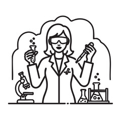 Female Scientist Conducting Research in a Modern Laboratory, Symbolizing Innovation and Discovery in STEM Fields Through Detailed Vector Line Art