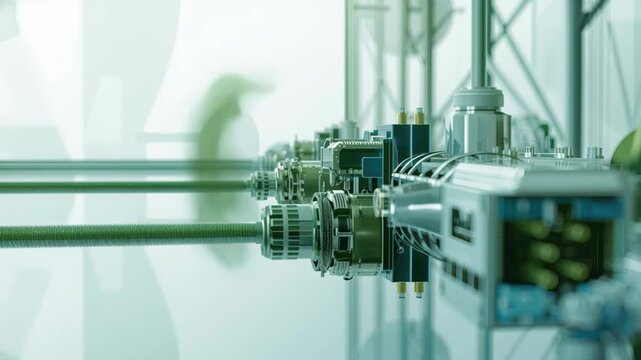 High tech mechanical shaft assembly with blurred industrial background conveying precision