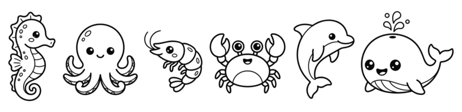 Cute cartoon sea creatures black and white outline drawing for coloring
