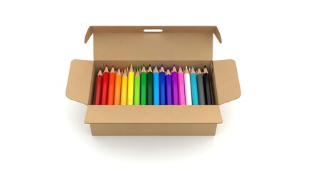Fototapeta premium Colorful pencils in open cardboard box on white background art supplies for creative projects and drawing