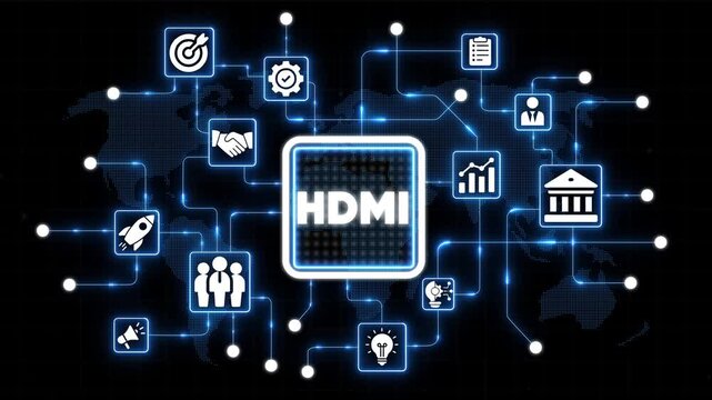 H D M I Technology Concept with Various Business and Communication on a Global Network Background HDMI