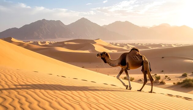 A camel traverses sandy dunes at sunset with mountains rising in background