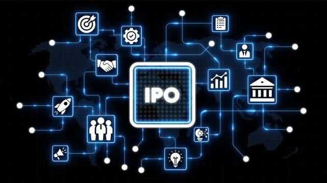 Initial Public Offering I P O Concept with Business and Global Network Connections on Dark Background