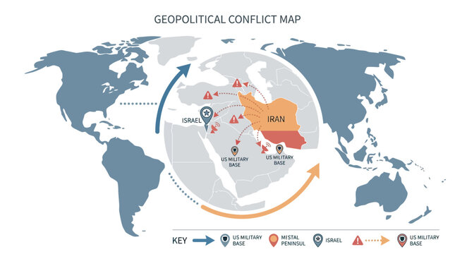 US Israel vs Iran Conflict Map Vector &ndash; Middle East Missile Trajectory Infographic