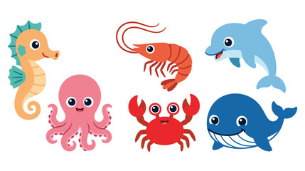Cartoon sea life characters set with seahorse octopus whale and crab © Amir