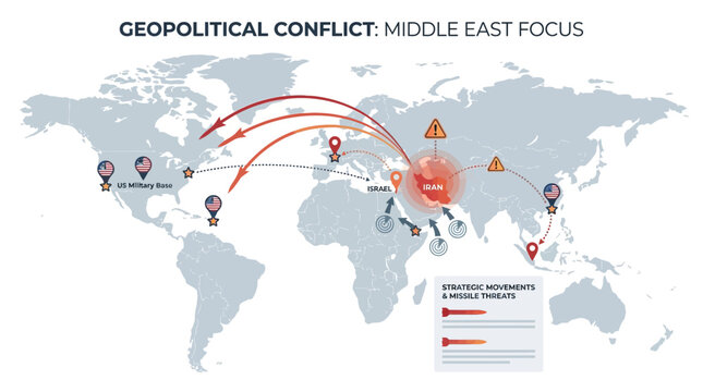 US Israel Iran Military Conflict Map &ndash; Middle East Missile Route Infographic