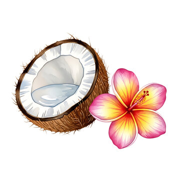 A single coconut with a pink hibiscus flower placed delicately on its side