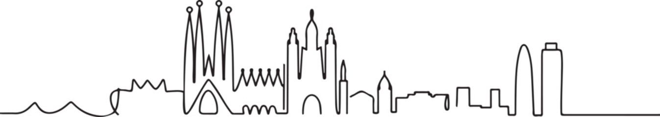 Obraz premium Single one line drawing Barcelona City skyline, Spain. City concept. Continuous line draw design graphic vector illustration. one line Icon drawing