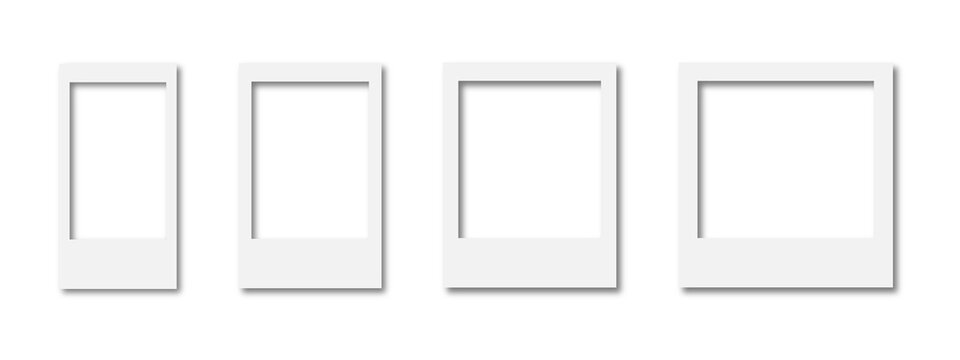 Four polaroid photo frames on checkered background different sizes blank.