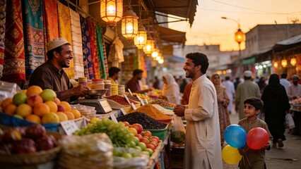 Obraz premium Middle Eastern Market Scene with Fruit Vendor and Shopper, Golden Hour Light