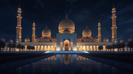 Naklejka premium AI Generative Create a Stunning Night View of an Islamic Mosque with Illuminated Minarets and Dome