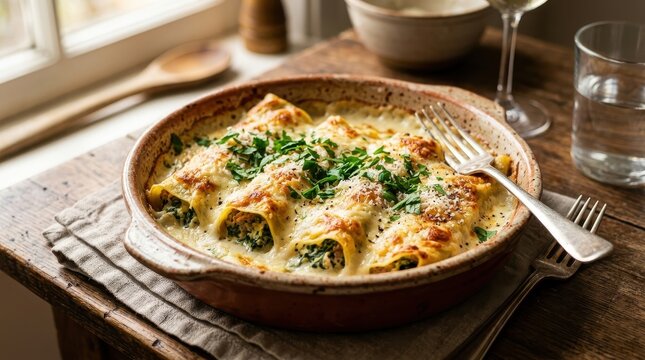 Delicious spinach and cheese cannelloni in a baking dish on a wooden table by a sunny window.