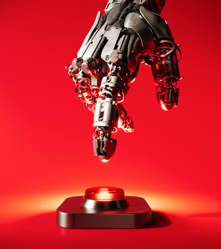 Robotic hand is pressing the red button. AI taking over the world and people. 3D Rendering, 3D Illustration