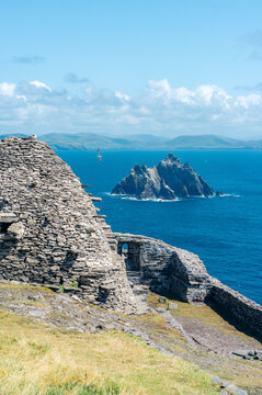 Historic beehive huts of Skellig Michael, Ireland, built by monks for isolated worship