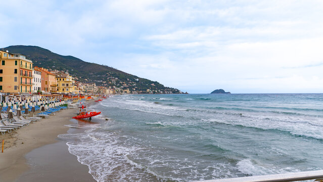 Panoramic view of the village on the eastern Ligurian coast.Alassio,Italy ,LIguria ,province of Savona .Beautiful view of the sea and the town of Alassio with colorful buildings