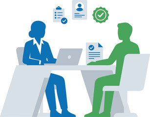 A vector graphic illustration of two people working together at a desk with laptops and documents