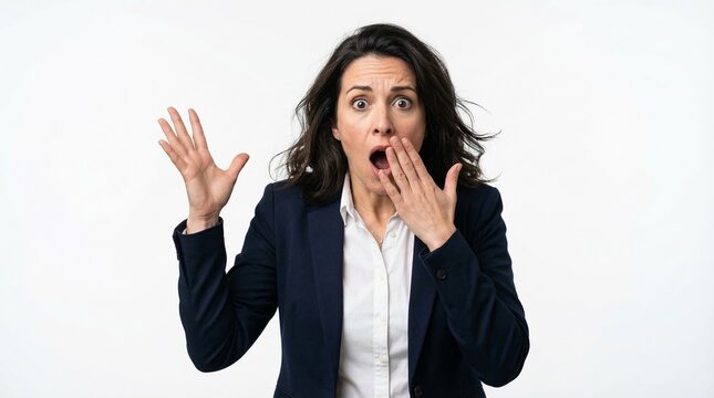 A shocked businesswoman with a surprised expression covering her mouth with her hand