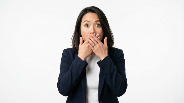A shocked businesswoman covering her mouth with her hands in a moment of surprise