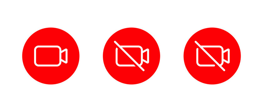 Camera and no video outline icon in red circle. Webcam and recording restriction symbol