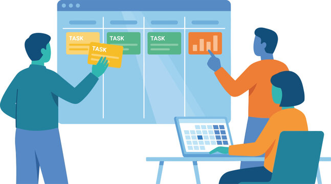 A group of people working together on a project management task board with sticky notes and a laptop