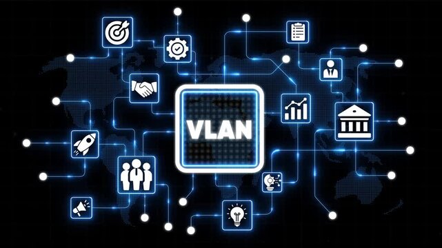 Virtual Local Area Network V L A N Technology Concept with and Map in Background for Business Finance and Networking Applications