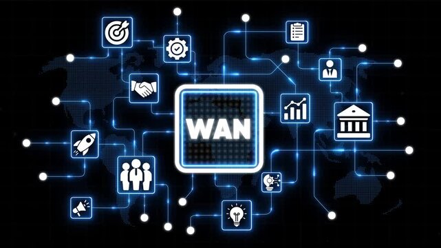 W A N Network System on Map Background with Blue Neon Connections Business Technology Concept wide area network