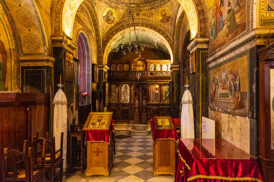 Interior of Ornate Byzantine Greek Orthodox Church with Frescoes and Icons