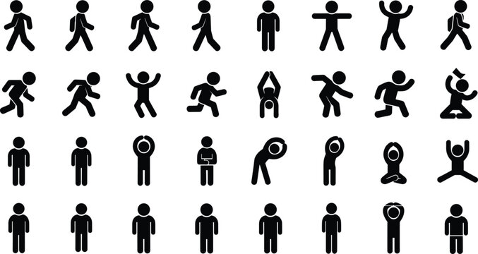 Flat Black Stick Figure Man People Silhouettes Vector Illustration Set Icon Collection Showing Various Actions Like Walking Running Standing Stretching Yoga