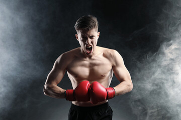 Emotional athletic man in red boxing gloves posing in smoke against black background