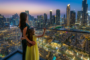 A mother and her daughter standing on a balcony and looking at the skyline view of downtown Dubai, UAE, during evening time © moofushi