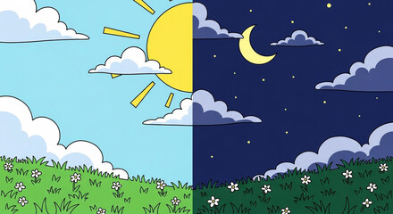 Split scene of sunny day and starry night in cartoon style