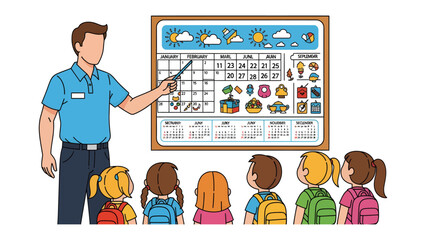 Teacher's Guidance: A teacher stands before a class of eager children, pointing at a calendar filled with educational icons, symbolizing a structured and engaging learning environment. © Atiya