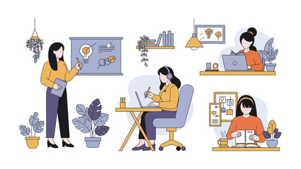 Ideas in Harmony: A collection of women engaged in various activities, each symbolizing the pursuit of ideas and knowledge, fostering a sense of creativity and learning. © Abu