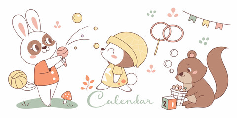 Cute cartoon animals playing with bubbles and toys on with colorful decorations