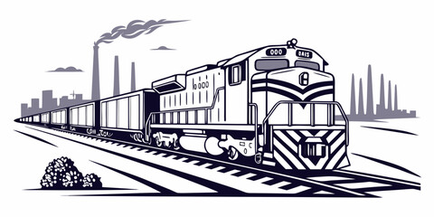 Black and white illustration of a train on railroad tracks with a city skyline in the background © Mamun