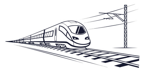 A sleek bullet train traveling on railway tracks with overhead power lines © Mamun