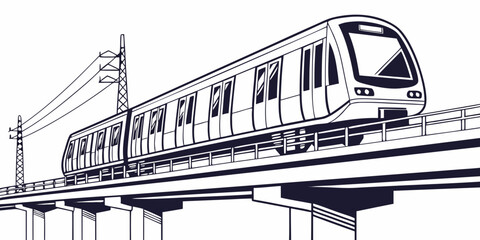 Black and white illustration of a modern monorail train traveling on an elevated track with power lines © Mamun