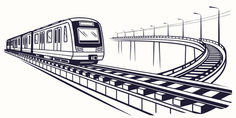 Black and white illustration of a train on curved railroad tracks with city lights © Mamun