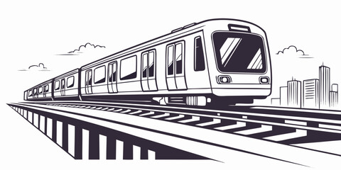 Black and white illustration of a modern subway train traveling on tracks towards a city skyline © Mamun