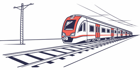 A red and white train traveling down a set of train tracks next to a power line © Mamun