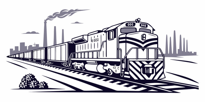 Black and white illustration of a train on railroad tracks with a city skyline in the background