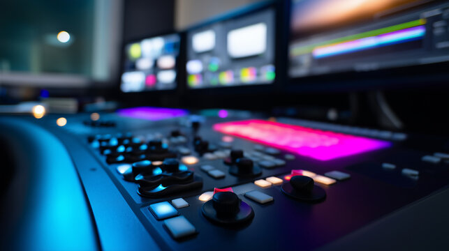 Modern video production workstation with editing console and digital timeline screens broadcast editing studio scene showing a professional media workstation equipped with a video