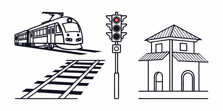 A black and white illustration of a train on tracks next to a traffic light and a building