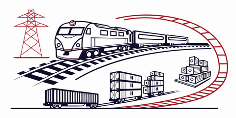 Train on railroad tracks with cargo containers and power line © Mamun