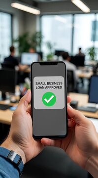 Small Business Loan Approved on Smartphone Screen in Office Setting